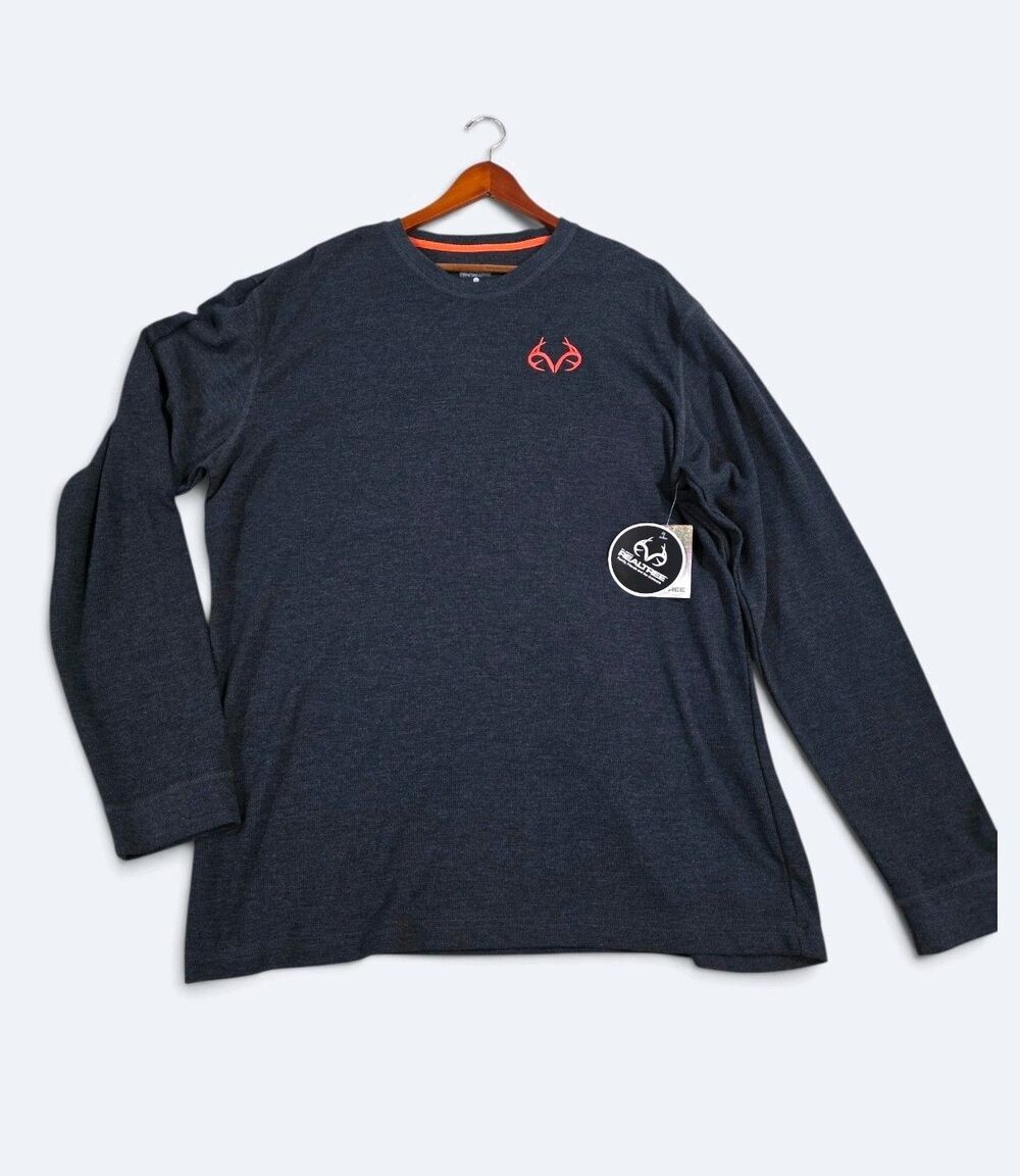 NWT Realtree Men XXL Gray Waffle Knit Thermal Long Sleeve Shirt Orange Logo
